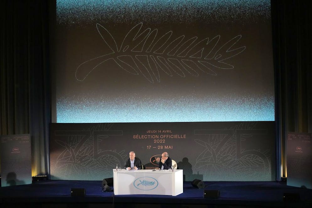 Festival delegate general Thierry Fremaux, left, and festival president Pierre Lescure attend a press conference to announce the Cannes film festival line up for the upcoming 75th edition, Thursday, April 14, 2022 in Paris. The International Cannes Film Festival will run from May 17 to 28, 2022. (AP Photo/Francois Mori)