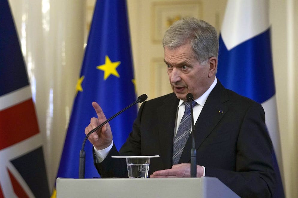 FILE - Finland's President Sauli Niinisto makes a point during a joint press conference with British Prime Minister Boris Johnson, at the Presidential Palace in Helsinki, Finland, Wednesday, May 11, 2022. Finland appears on the cusp of joining NATO. Sweden could follow suit. By yearâÄ™s end, they could stand among the allianceâÄ™s ranks. RussiaâÄ™s war in Ukraine has provoked a public about face on membership in the two Nordic countries. They are already NATOâÄ™s closest partners, but should Russia respond to their membership moves they might soon need the organizationâÄ™s military support. (AP Photo/Frank Augstein, Pool, File)