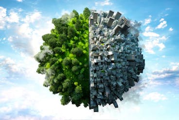 Digital generated image of two semi spheres connected together in one planet. Left part covered by trees against right part fully urban and covered by buildings. Sustainability concept.