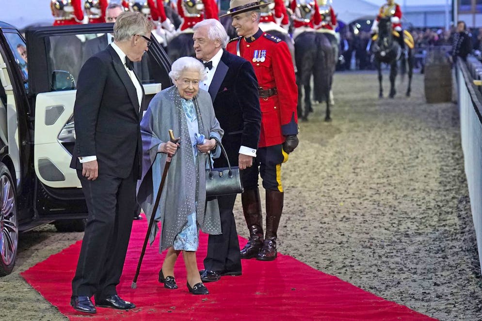 Britain's Queen Elizabeth II arrives for the A Gallop Through History Platinum Jubilee celebration, at the Royal Windsor Horse Show at Windsor Castle, England, Sunday May 15, 2022. (Steve Parsons/Pool Photo via AP)