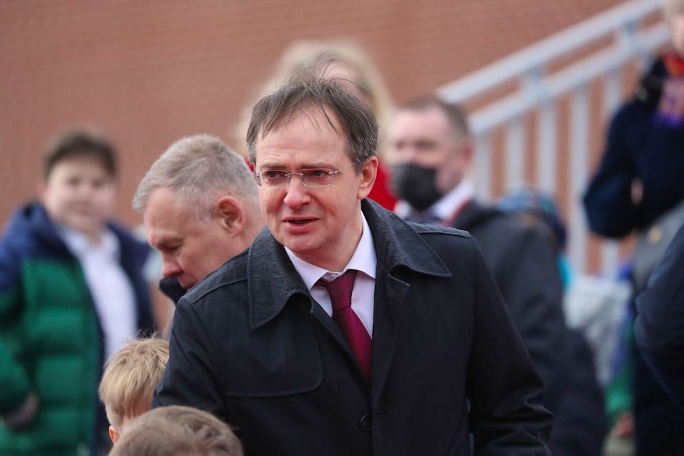 epa09935595 Russian presidential aide Vladimir Medinsky arrives to attend the Victory Day military parade in the Red Square in Moscow, Russia, 09 May 2022. Russia marks Victory Day, Nazi Germany's unconditional surrender in World War II, with the annual parade in Moscow's Red Square on 09 May, after more than two months of attacks on Ukraine. EPA/MAXIM SHIPENKOV
