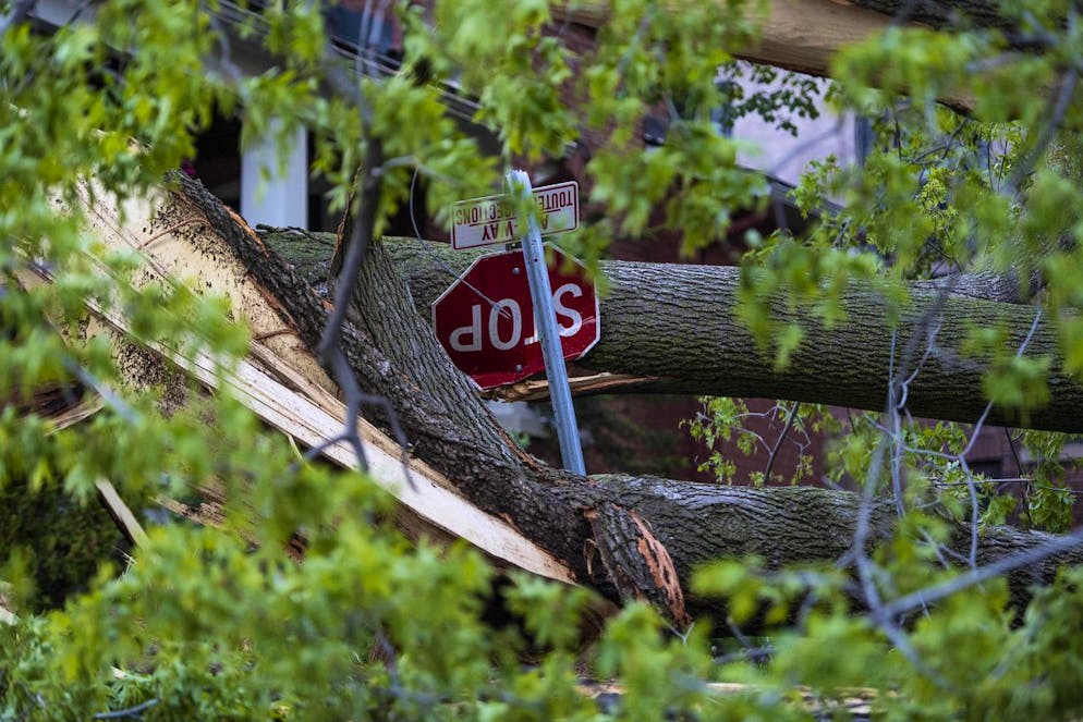 Un panneau d'arrêt est endommagé après la chute d'un arbre lors d'une tempête majeure à Ottawa, au Canada, le samedi 21 mai 2022.