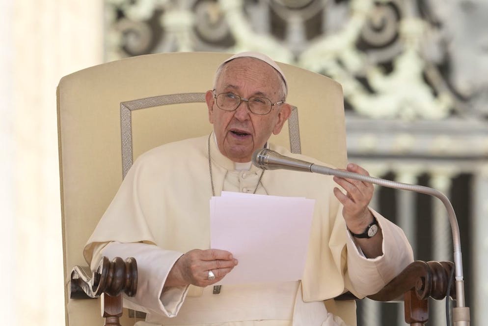 Pope Francis delivers his speech during his weekly general audience in St. Peter's Square, at the Vatican, Wednesday, May 25, 2022. (AP Photo/ Andrew Medichini)