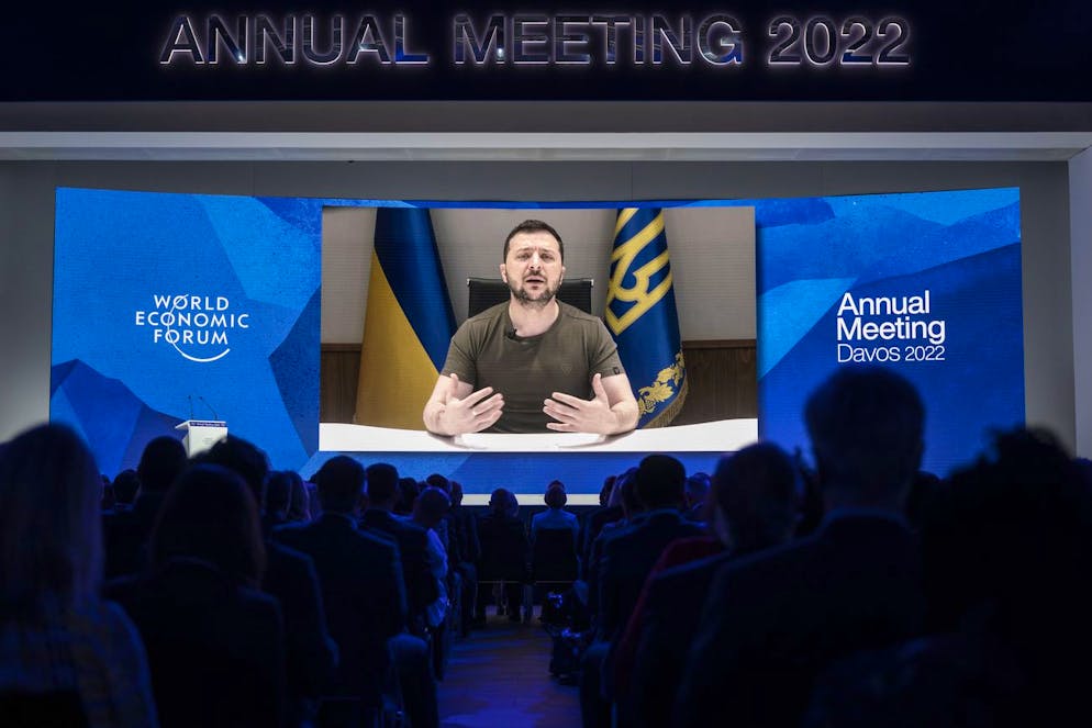 Ukrainian President Volodymyr Zelenskyy, addresses by videolink the opening plenary session during the 51st annual meeting of the World Economic Forum, WEF, in Davos, Switzerland, on Monday, May 23, 2022. The forum has been postponed due to the Covid-19 outbreak and was rescheduled to early summer. The meeting brings together entrepreneurs, scientists, corporate and political leaders in Davos under the topic