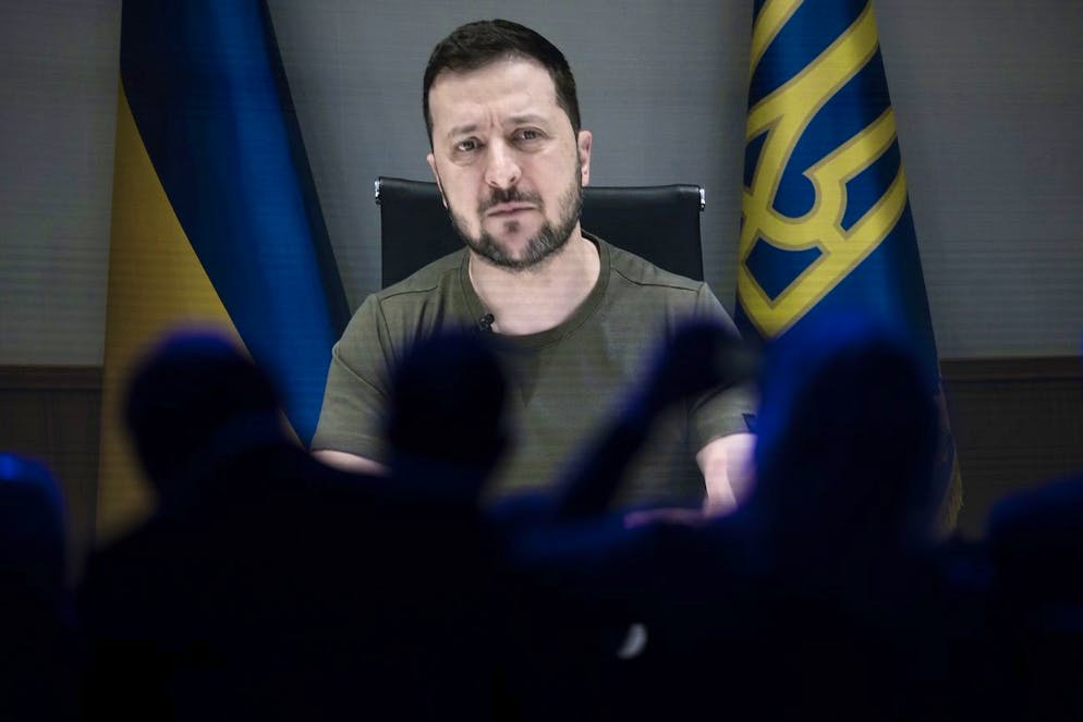 Ukrainian President Volodymyr Zelensky addresses by videolink the opening plenary session during the 51st annual meeting of the World Economic Forum, WEF, in Davos, Switzerland, on Monday, May 23, 2022. The forum has been postponed due to the Covid-19 outbreak and was rescheduled to early summer. The meeting brings together entrepreneurs, scientists, corporate and political leaders in Davos under the topic