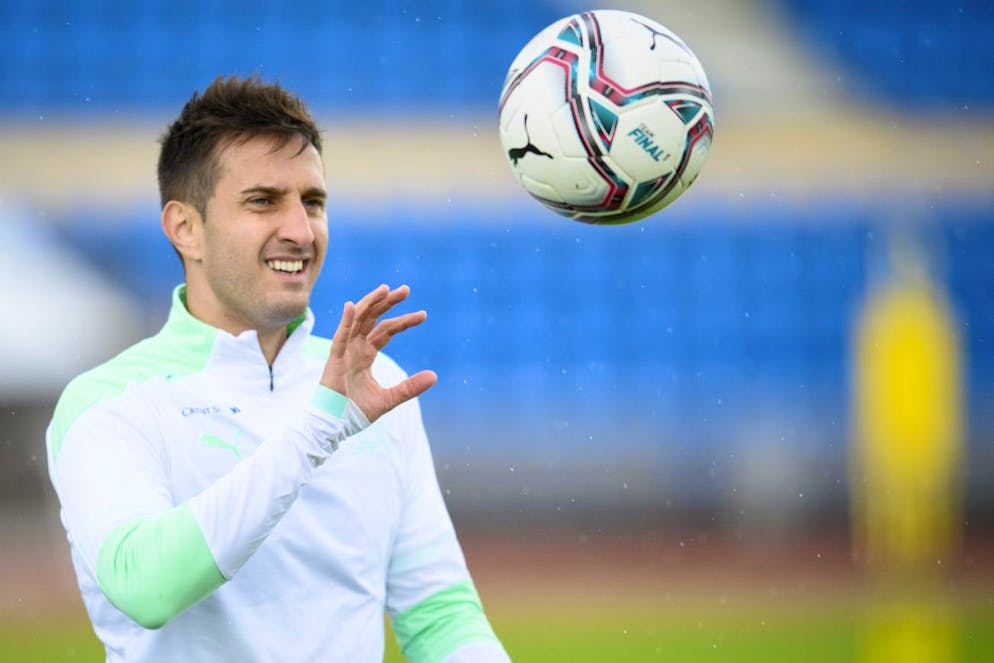 Switzerland national team soccer player Mario Gavranovic during a training session for the upcoming 2022 FIFA World Cup European Qualifying Group C match between Switzerland and Northern Ireland and Lithuania, at the Stade Olympique de la Pontaise in Lausanne, Switzerland, Wednesday, October 6, 2021. (KEYSTONE/Laurent Gillieron)