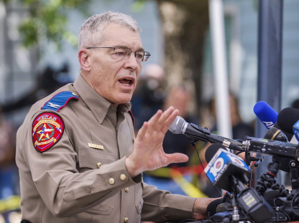 epa09980706 Texas Department of Public Safety Colonel Steven C. McCraw provides an update into the investigation of the a mass shooting at the Robb Elementary School in Uvalde, Texas, USA, 27 May 2022. According to Texas officials, at least 19 children and two adults were killed in the shooting on 24 May. The eighteen-year-old gunman was killed by responding officers. EPA/TANNEN MAURY