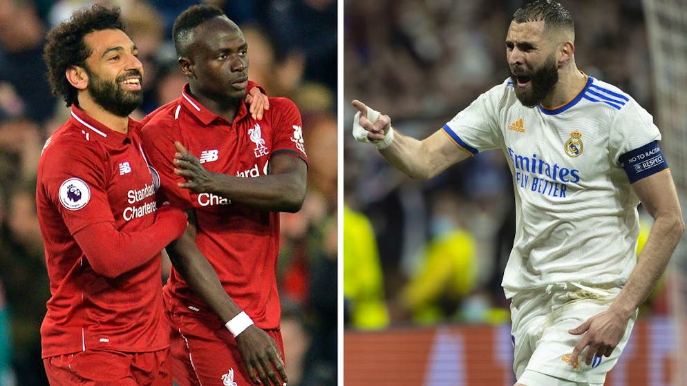 epa09927825 (FILE) - A composite file picture of Liverpool players Mohamed Salah (L) and Sadio Mane (2-L, taken on 26 April 2019 in Liverpool, Britain) and Real Madrid's Karim Benzema (R, taken on 04 May 2022 in Madrid, Spain) - (re-issued on 05 May 2022). Liverpool FC will face Real Madrid in the UEFA Champions League final on 28 May 2022 at Stade de France in Saint-Denis, near Paris, France. EPA/Peter Powell / Rodrigo Jimenez