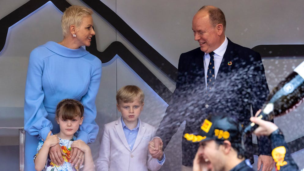 MONTE-CARLO, MONACO - MAY 29: Princess Charlene of Monaco, Princess Gabriella, Prince Jacques and Prince Albert II of Monaco during the F1 Grand Prix of Monaco at Circuit de Monaco on May 29, 2022 in Monte-Carlo, Monaco. (Photo by Arnold Jerocki/FilmMagic)