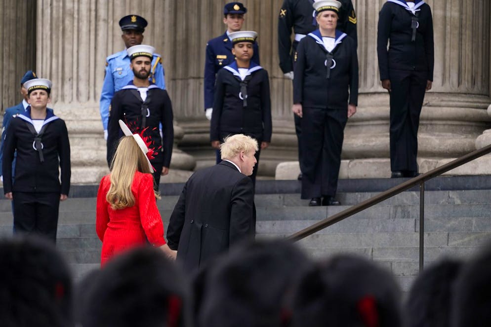 British Prime Minister Boris Johnson and his wife Carrie Johnson, left, arrive for a service of thanksgiving for the reign of Queen Elizabeth II at St Paul's Cathedral in London, Friday, June 3, 2022 on the second of four days of celebrations to mark the Platinum Jubilee. The events over a long holiday weekend in the U.K. are meant to celebrate the monarch's 70 years of service. (AP Photo/Alberto Pezzali)