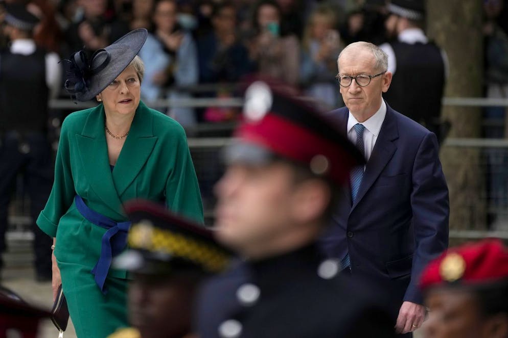 Britain's Prime Minister Theresa May and her husband Philip May arrive for a service of thanksgiving for the reign of Queen Elizabeth II at St Paul's Cathedral in London, Friday, June 3, 2022 on the second of four days of celebrations to mark the Platinum Jubilee. The events over a long holiday weekend in the U.K. are meant to celebrate the monarch's 70 years of service. (AP Photo/Matt Dunham, Pool)
