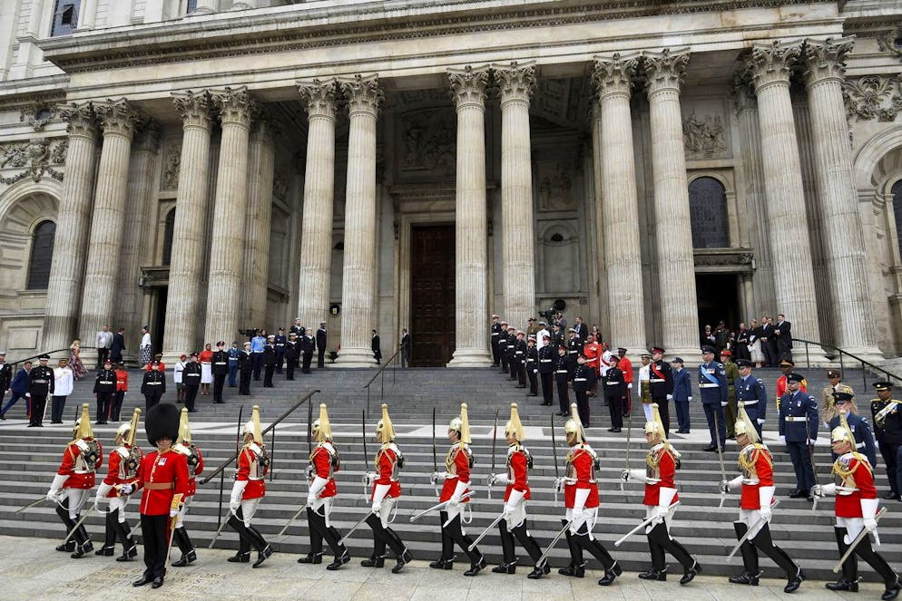 Guard of honor forms up outside of St Paul's Cathedral ahead of a service of thanksgiving for the reign of Queen Elizabeth, Friday June 3, 2022 on the second of four days of celebrations to mark the Platinum Jubilee. The events over a long holiday weekend in the U.K. are meant to celebrate the monarchâÄ™s 70 years of service. (Toby Melville, Pool Photo via AP)