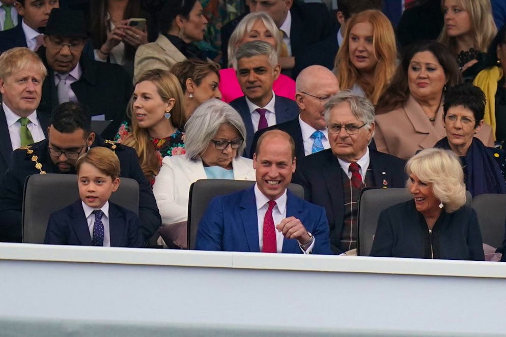 From left, Britain's Prince George, Prince William and Camilla Duchess of Cornwall arrive at the Platinum Jubilee concert taking place in front of Buckingham Palace, London, Saturday June 4, 2022, on the third of four days of celebrations to mark the Platinum Jubilee. The events over a long holiday weekend in the U.K. are meant to celebrate Queen Elizabeth IIâÄ™s 70 years of service. ( Jacob King/PA via AP)