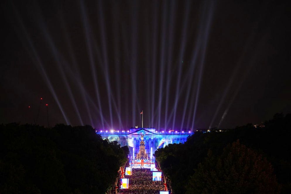 A general view of the Platinum Jubilee concert taking place in front of Buckingham Palace, London, Saturday June 4, 2022, on the third of four days of celebrations to mark the Platinum Jubilee. The events over a long holiday weekend in the U.K. are meant to celebrate Queen Elizabeth IIâÄ™s 70 years of service. (Dominic Lipinski/PA via AP)