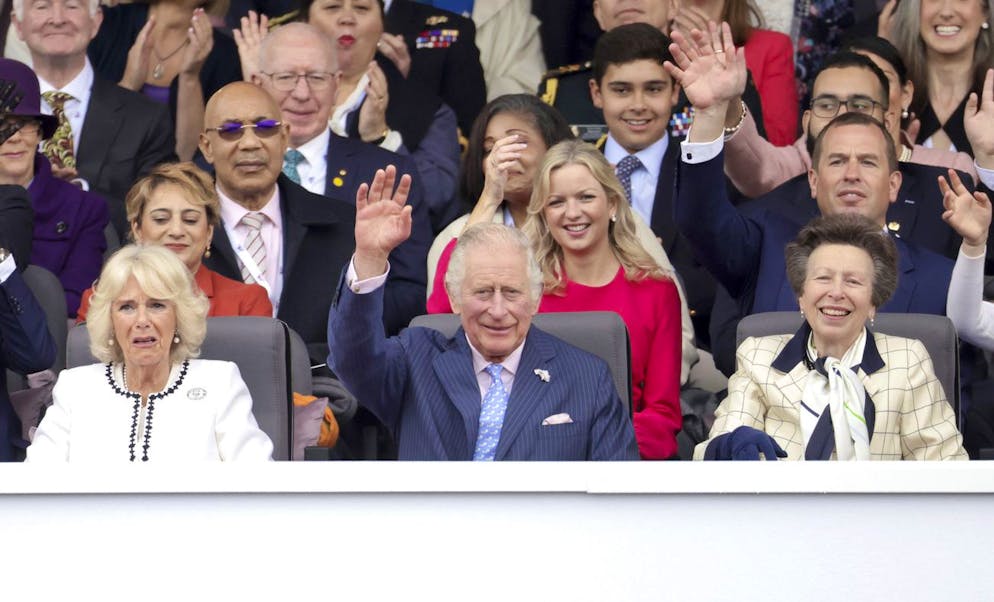 From left, Camilla, Duchess of Cornwall, Prince Charles and Princess Anne attend the Platinum Jubilee Pageant, in London, Sunday June 5, 2022, on the last of four days of celebrations to mark the Platinum Jubilee. The pageant will be a carnival procession up The Mall featuring giant puppets and celebrities that will depict key moments from Queen Elizabeth IIâÄ™s seven decades on the throne. Keir Starmer sits at left in the second row. (Chris Jackson/Pool Photo via AP)
