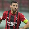 AC Milan's Alessio Romagnoli controls the ball during the Champions League group B soccer match between AC Milan and Porto at the San Siro stadium in Milan, Italy, Tuesday, Nov.3 , 2021. (AP Photo/Luca Bruno)