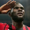 AC Milan's Franck Kessie celebrates after scoring his side's fourth goal during the Italian Cup quarter final match between AC Milan and Lazio at the San Siro stadium, in Milan, Italy, Wednesday, Feb. 9, 2022. (AP Photo/Antonio Calanni)