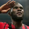 AC Milan's Franck Kessie celebrates after scoring his side's fourth goal during the Italian Cup quarter final match between AC Milan and Lazio at the San Siro stadium, in Milan, Italy, Wednesday, Feb. 9, 2022. (AP Photo/Antonio Calanni)