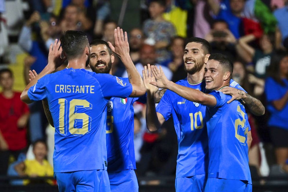 Italy's Lorenzo Pellegrini celebrates with teammates after scoring, during the UEFA Nations League soccer match between Italy and Hungary, at the Dino Manuzzi stadium in Cesena, Italy, Tuesday, June 7, 2022. (Massimo Paolone/LaPresse via AP)