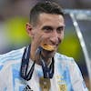 Argentina's Angel Di Maria celebrates after receiving a medal at the end of the Finalissima soccer match between Italy and Argentina at Wembley Stadium in London , Wednesday, June 1, 2022. Argentina won 3-0. (AP Photo/Matt Dunham)