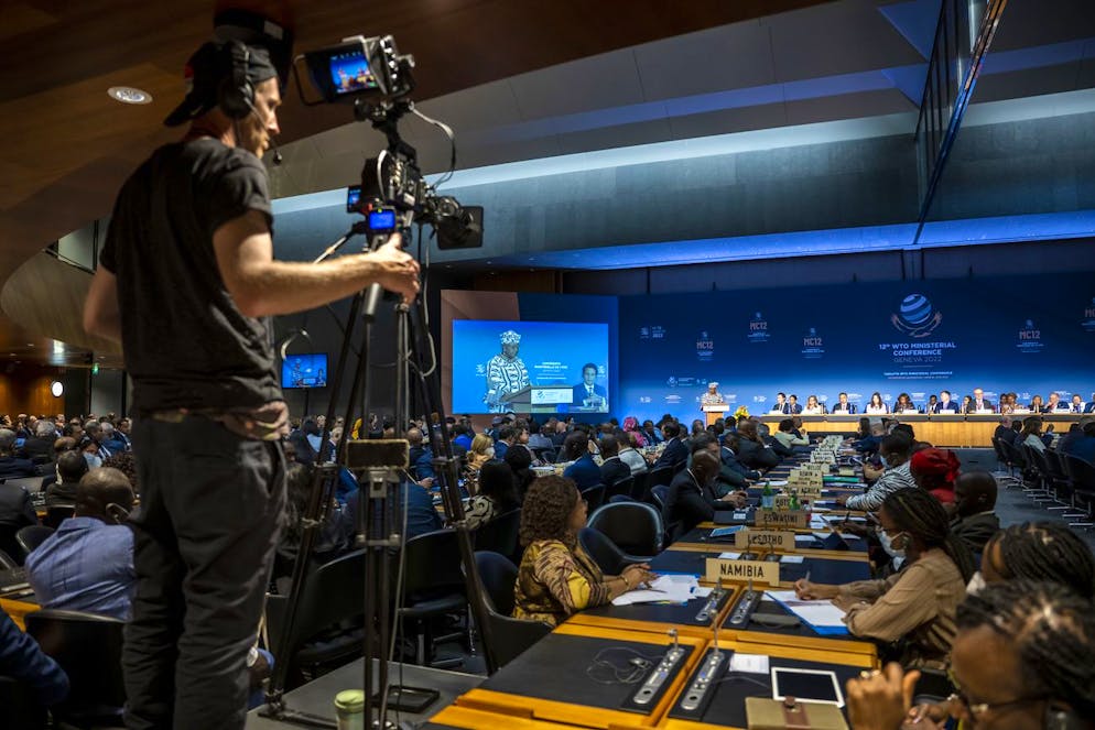 A general view of the room during the speech of Nigeria's Ngozi Okonjo-Iweala, Director General of the World Trade Organisation (WTO) speaks at the opening ceremony of the 12th Ministerial Conference (MC12) taking place from June 12-15, in Geneva, at the headquarters of the World Trade Organization (WTO), in Geneva, Switzerland, Sunday, June 12, 2022. (KEYSTONE/POOL/Martial Trezzini).
