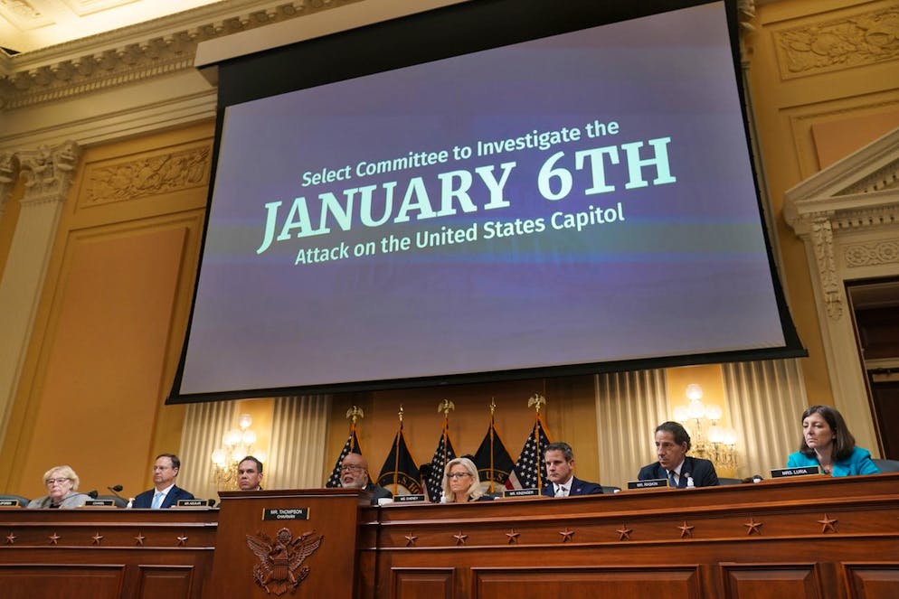 epa10016645 Committee members sit beneath a monitor during a public hearing of the House Select Committee to Investigate the January 6th Attack on the US Capitol, on Capitol Hill in Washington, DC, USA, 16 June 2022. The committee is expected to hold at least six public hearings. EPA/SHAWN THEW