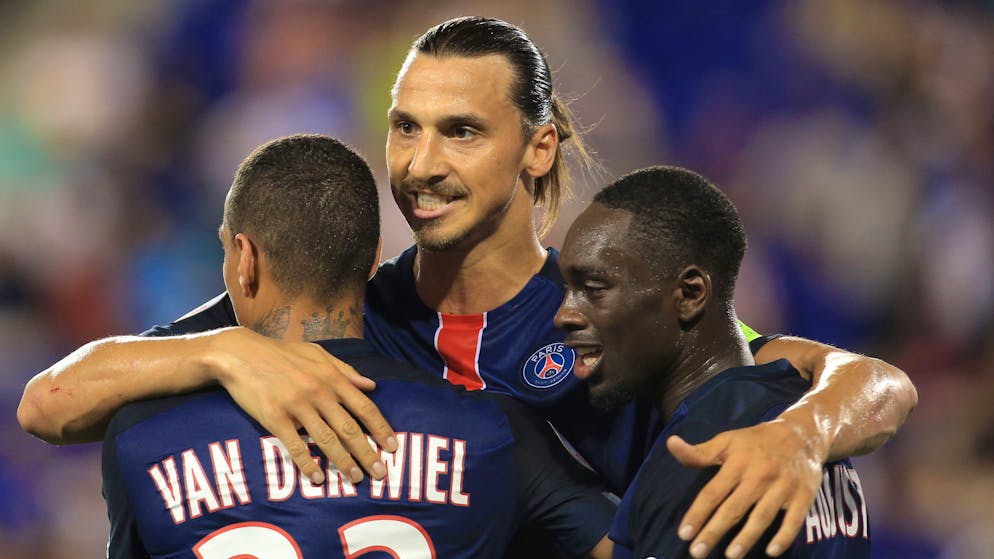 July 21 2015: Zlatan Ibrahimovic (10) of Paris Saint Germain with Gregory Van Der Weil (23) and Jean-Kevin Augustin (29) during a 2015 International Champions Cup match against Fiorentina at Red Bull Arena in Harrison, New Jersey. Paris Saint Germain won 4-2. (Photo by Tony Quinn/Icon Sportswire/Corbis/Icon Sportswire via Getty Images)