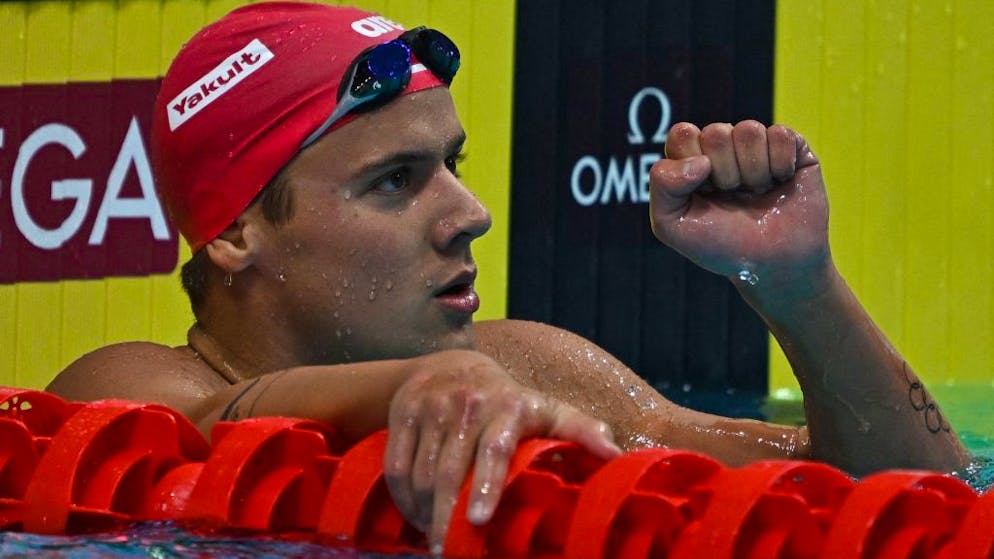 Switzerland's Noe Ponti reacts after competing in the men's 200m butterfly semifinals during the Budapest 2022 World Aquatics Championships at Duna Arena in Budapest on June 20, 2022. (Photo by Attila KISBENEDEK / AFP) (Photo by ATTILA KISBENEDEK/AFP via Getty Images)