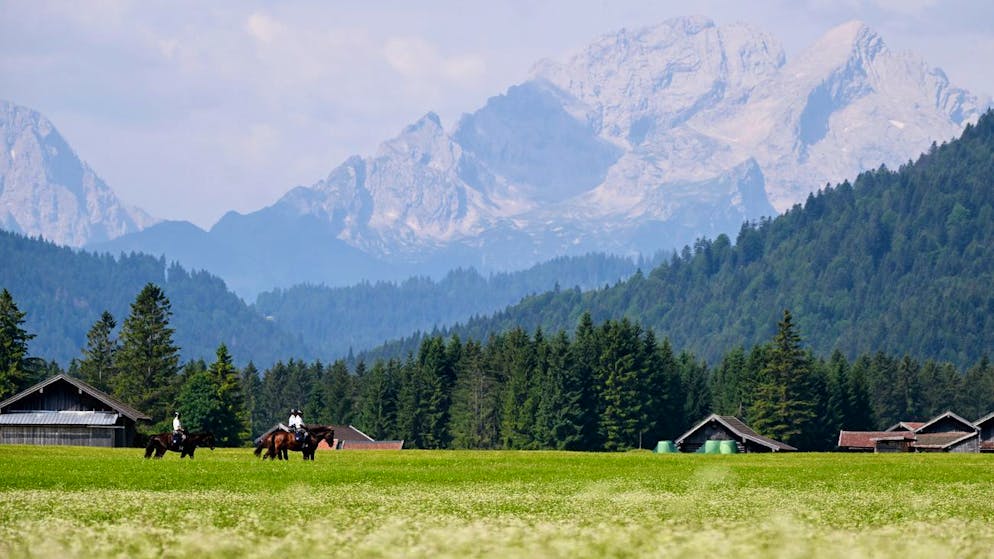 21.06.2022, Bayern, Wallgau: Polizeireiter reiten Pferde auf einer Wiese mit dem Wettersteingebirge im Hintergrund. Die Polizei informierte die Presse über das Einsatz-, Aufgaben- und Tätigkeitsfeld der Polizeireiterstaffel im Rahmen des G7-Gipfels. Der G7-Gipfel ist vom 26. bis 28. Juni 2022 auf Schloss Elmau geplant. Foto: Angelika Warmuth/dpa +++ dpa-Bildfunk +++ (KEYSTONE/DPA/Angelika Warmuth)