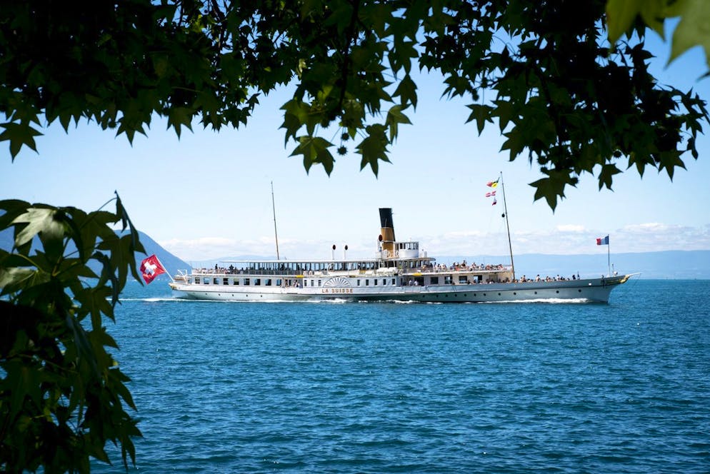 The steamboat La Suisse, CGN, sails on the Lake Geneva close to the Chillon Castle (Chateau de Chillon) during the coronavirus disease (COVID-19) outbreak, in Veytaux near Montreux, Switzerland, Sunday, July 5, 2020. (KEYSTONE/Marcel Gillieron)