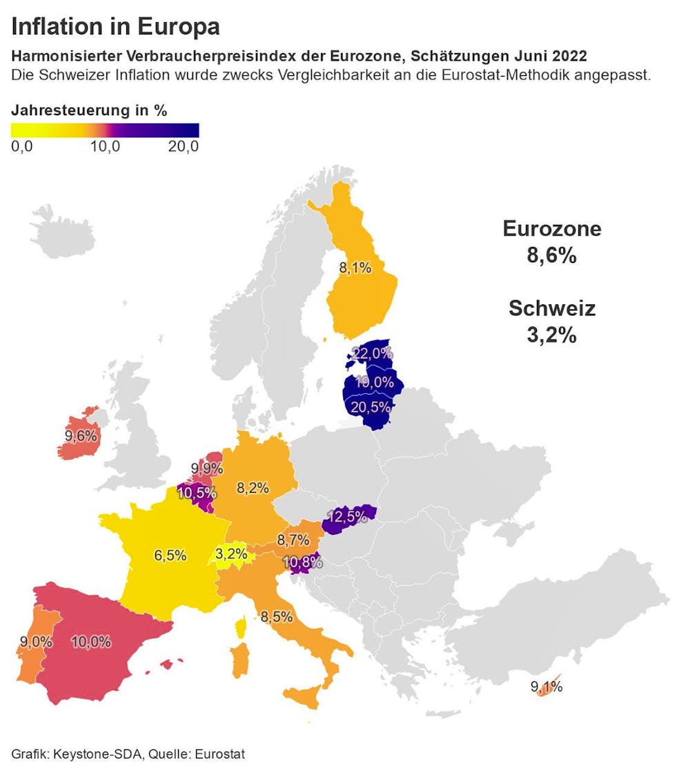 GRAFIK --- INFOGRAFIK - Harmonisierter Verbraucherpreisindex im Juni 2022. Diese Infografik wurde automatisiert vom Schreibroboter Lena erstellt. (KEYSTONE/Lena)