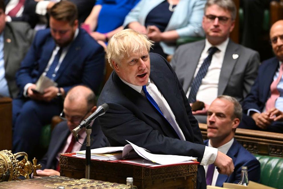 In this photo provided by UK Parliament, Britain's Prime Minister Boris Johnson speaks during Prime Minister's Questions in the House of Commons in London, Wednesday, July 6, 2022. (Jessica Taylor/UK Parliament via AP)