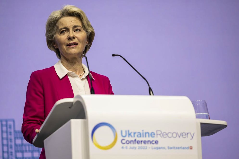 Ursula Von der Leyen, President of the European Commission, speaks during a plenary session at the Ukraine Recovery Conference URC, Monday, July 4, 2022 in Lugano, Switzerland. The URC is organised to initiate the political process for the recovery of Ukraine after the attack of Russia to its territory. (KEYSTONE/EDA/Alessandro della Valle)