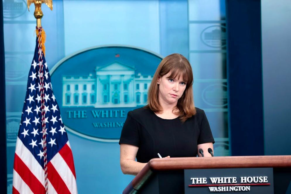 WASHINGTON, DC - MARCH 31 White House Communications Director Kate Bedingfield delivers remarks during a daily press briefing at the White House on March 31, 2022 in Washington, DC. Bedingfield spoke on a range of topics including the announcement U.S. President Joe Biden made today on the release of oil from oil reserves in an attempt to help ease the price of gas. (Photo by Anna Moneymaker/Getty Images)