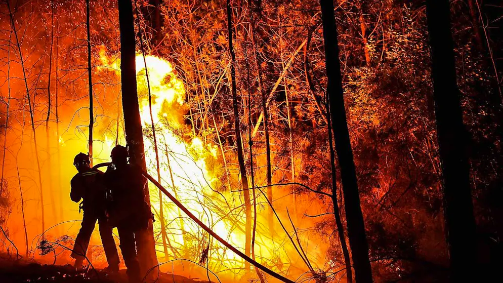 ARCHIV - Feuerwehrleute versprühen Wasser, um einen Waldbrand in der Nähe von Besseges in Südfrankreich zu löschen. Foto: Sylvain Thomas/AFP/dpa