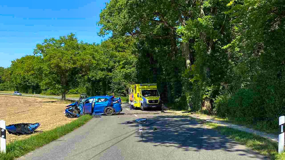 Die Reifenspuren führen zu einem Baum. Links davon der Unfallwagen.
