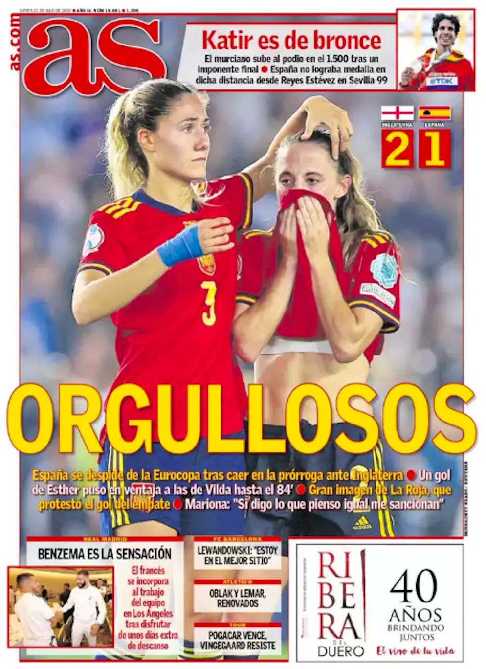 Pressestimmen zu Englands Halbfinal-Einzug nach dem Sieg gegen Spanien. Bei der «AS» steht in Grossbuchstaben: «Voller Stolz».