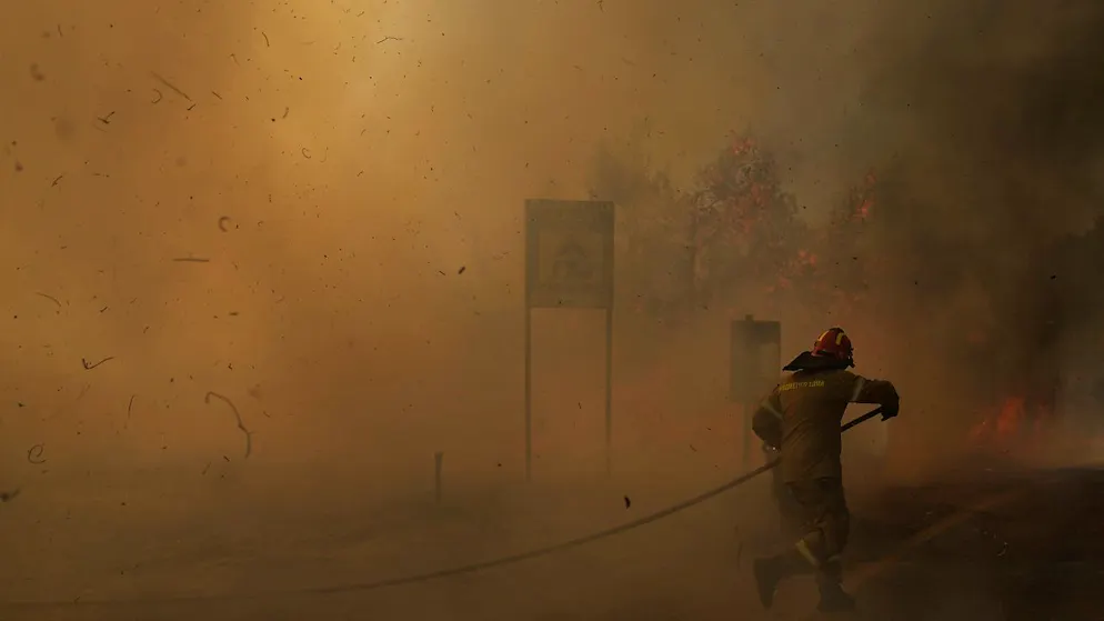 Ein Feuerwehrmann versucht die Flammen neben einer Straße während eines Waldbrandes zu löschen. Foto: Petros Giannakouris/AP/dpa