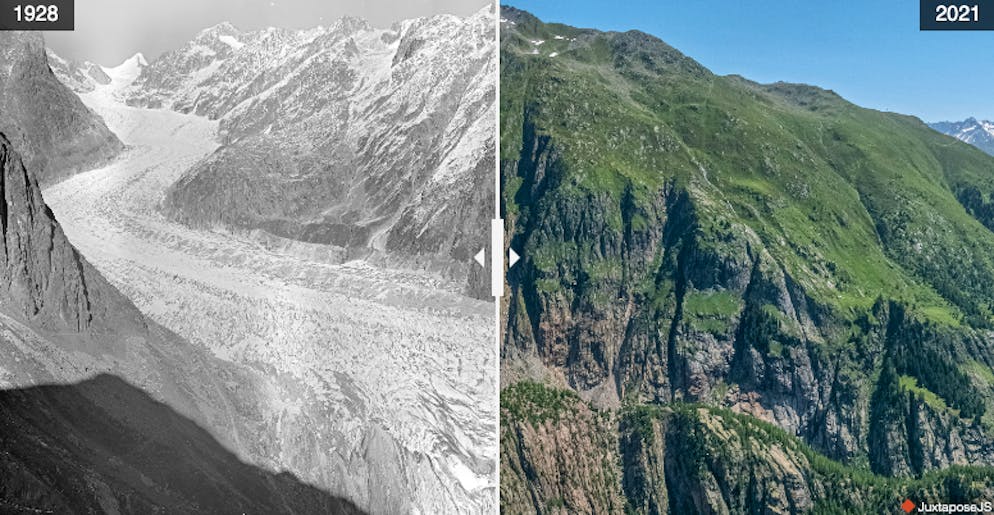 Abnahme des Fieschergletschers von der Märjelenalp aus gesehen zwischen 1928 (links) und 1921 (rechts).