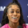 Elaine Thompson-Herah of Jamaica speaks during a press conference on the eve of the Athletissima IAAF Diamond League international athletics meeting in Lausanne, Switzerland, Thursday, August 25, 2022. (KEYSTONE/Laurent Gillieron)