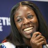 Shericka Jackson of Jamaica speaks during a press conference on the eve of the Athletissima IAAF Diamond League international athletics meeting in Lausanne, Switzerland, Thursday, August 25, 2022. (KEYSTONE/Laurent Gillieron)