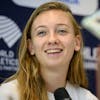 Femke Bol of the Netherlands speaks during a press conference on the eve of the Athletissima IAAF Diamond League international athletics meeting in Lausanne, Switzerland, Thursday, August 25, 2022. (KEYSTONE/Laurent Gillieron)