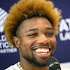 Noah Lyles of the United States during a press conference on the eve of the Athletissima IAAF Diamond League international athletics meeting in Lausanne, Switzerland, Thursday, August 25, 2022. (KEYSTONE/Laurent Gillieron)