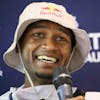 Mutaz Essa Barshim of Qatar during a press conference on the eve of the Athletissima IAAF Diamond League international athletics meeting in Lausanne, Switzerland, Thursday, August 25, 2022. (KEYSTONE/Laurent Gillieron)