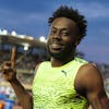 Rasheed Broadbell of Jamaica celebrates after winning the 110m Hurdles Men at the Athletissima IAAF Diamond League international athletics meeting in the Stade Olympique de la Pontaise in Lausanne, Switzerland, Friday, August 26, 2022. (KEYSTONE/Valentin Flauraud)