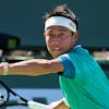 INDIAN WELLS, CALIFORNIA - OCTOBER 09:  Kei Nishikori of Japan plays a forehand against Dan Evans of Great Britain during their second round match on Day 6 of the BNP Paribas Open at the Indian Wells Tennis Garden on October 09, 2021 in Indian Wells, California. (Photo by Clive Brunskill/Getty Images)