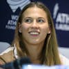 Angelica Moser of Switzerland speaks during a press conference on the eve of the Athletissima IAAF Diamond League international athletics meeting in Lausanne, Switzerland, Thursday, August 25, 2022. (KEYSTONE/Laurent Gillieron)