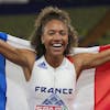 Renelle Lamote, of France, poses after winning the silver medal in the Women's 800 meters during the athletics competition in the Olympic Stadium at the European Championships in Munich, Germany, Saturday, Aug. 20, 2022. (AP Photo/Martin Meissner)