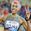 Yulimar Rojas of Venezuela celebrates after winning the Triple Jump Women at the Athletissima IAAF Diamond League international athletics meeting in the Stade Olympique de la Pontaise in Lausanne, Switzerland, Friday, August 26, 2022. (KEYSTONE/Valentin Flauraud)