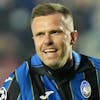 Atalanta's Josip Ilicic celebrates after scoring the opening goal during the Champions League group F soccer match between Atalanta and Manchester United, at the Stadio di Bergamo, in Bergamo, Italy, Tuesday, Nov. 2, 2021. (AP Photo/Luca Bruno)